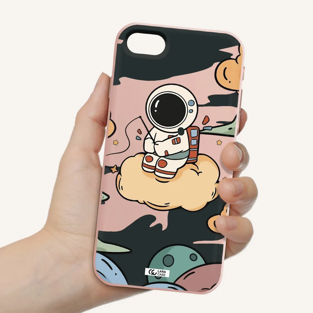 a cartoon astronaut sitting on a cloud Apple iPhone se 2020 Silicone pastel pink Case