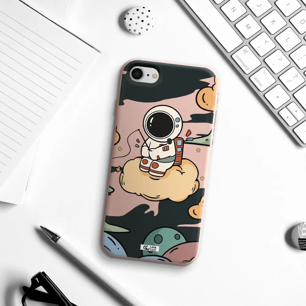 a cartoon astronaut sitting on a cloud Apple iPhone se 2020 Silicone pastel pink Case