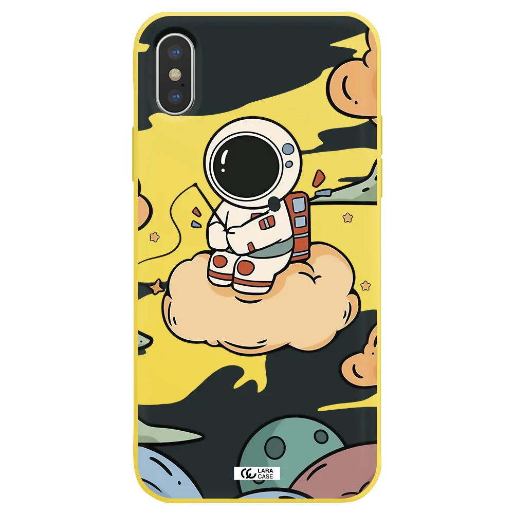 a cartoon astronaut sitting on a cloud Apple iPhone XS Silicone canary yellow Case