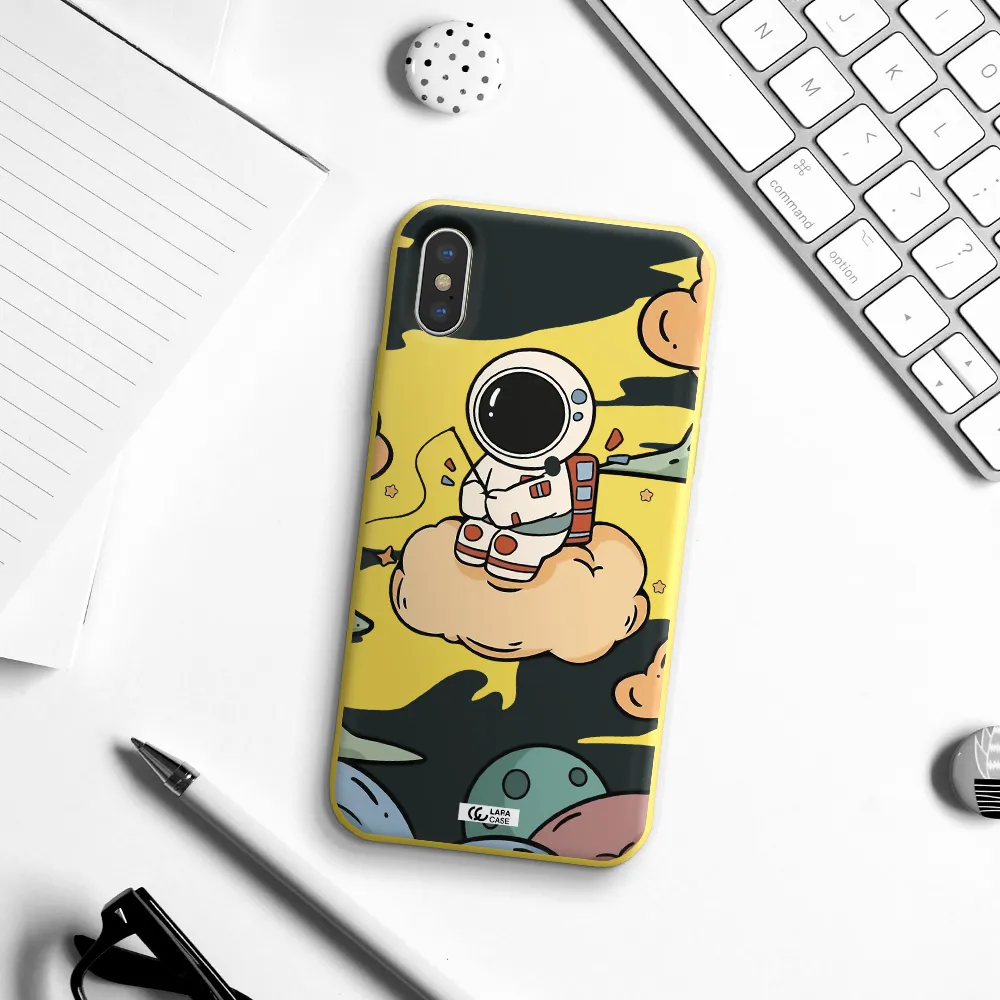 a cartoon astronaut sitting on a cloud Apple iPhone XS Silicone canary yellow Case