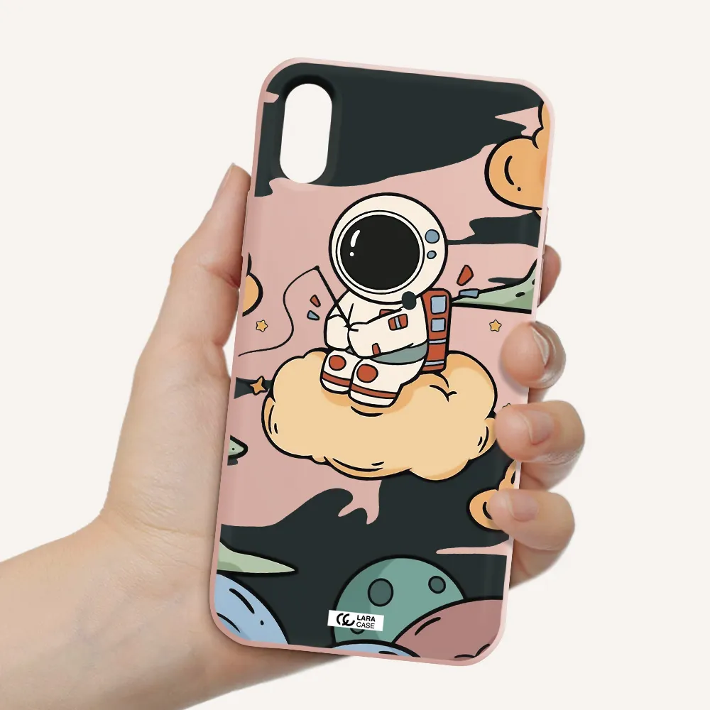 a cartoon astronaut sitting on a cloud Apple iPhone XS Silicone pastel pink Case