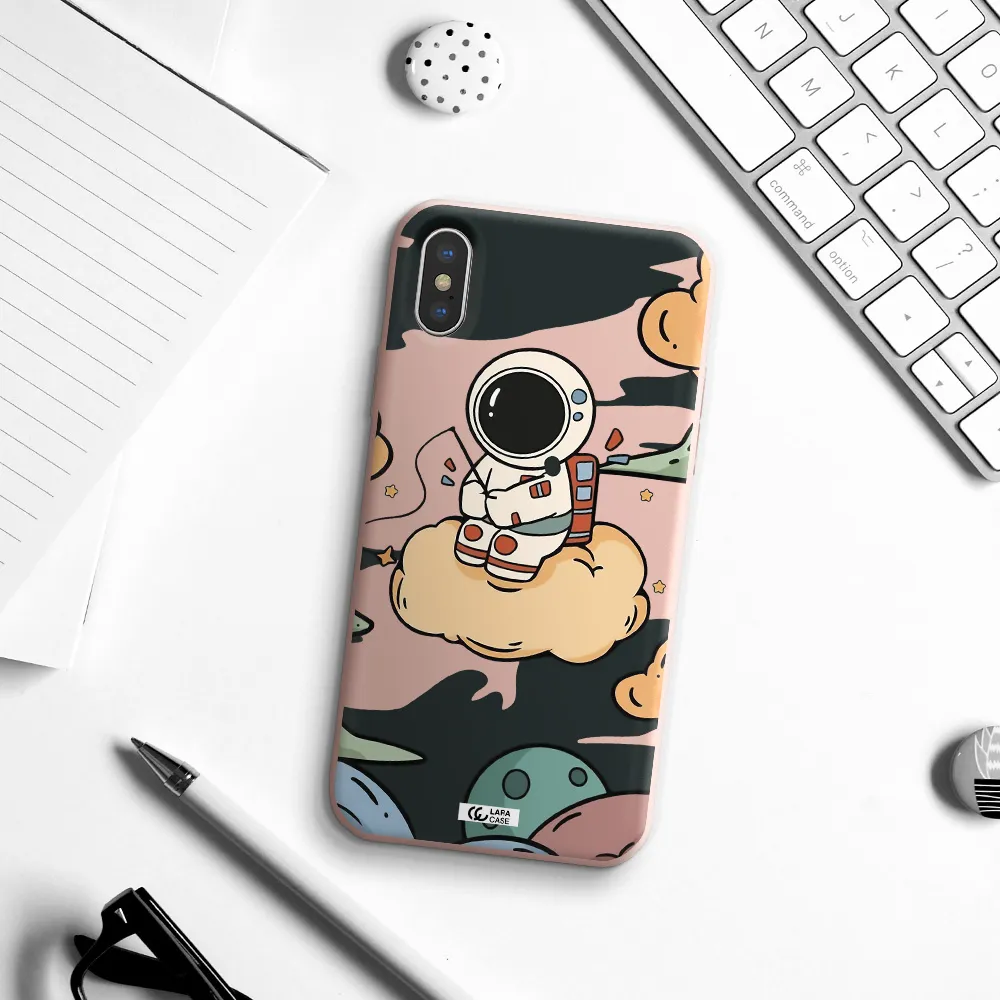 a cartoon astronaut sitting on a cloud Apple iPhone XS Silicone pastel pink Case
