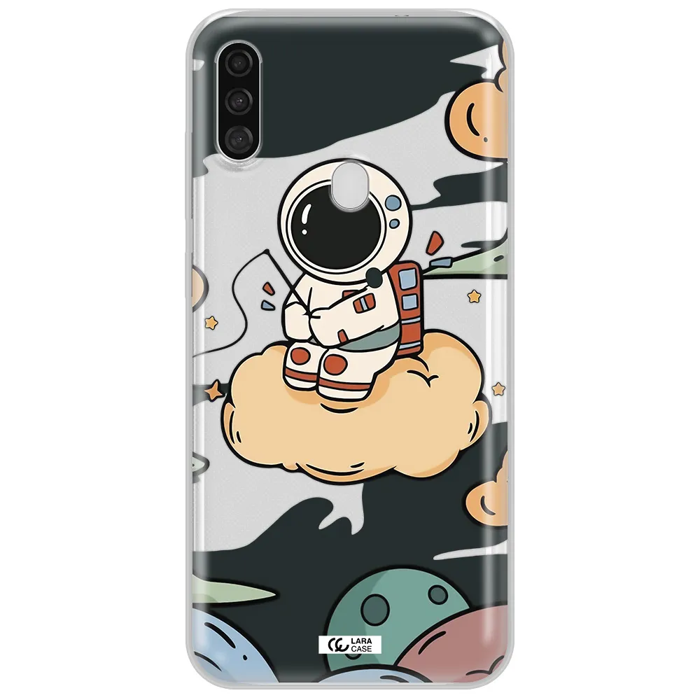a cartoon astronaut sitting on a cloud Samsung A11 Clear TPU Case