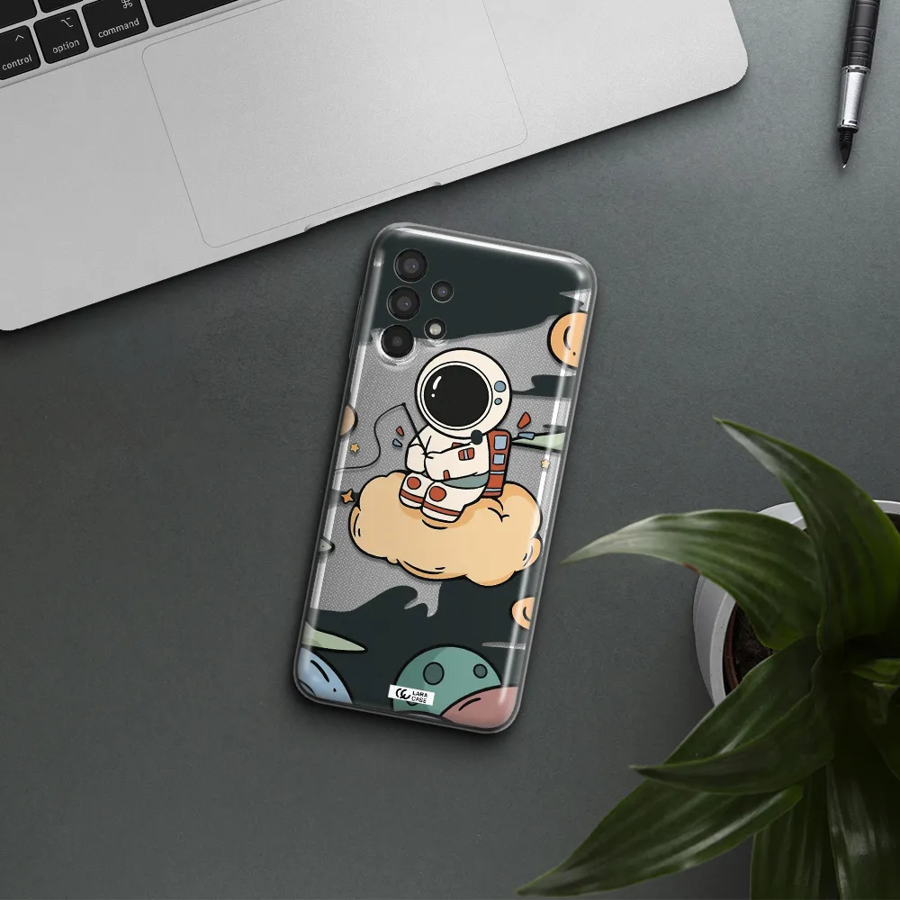 a cartoon astronaut sitting on a cloud Samsung A13 Clear TPU Case
