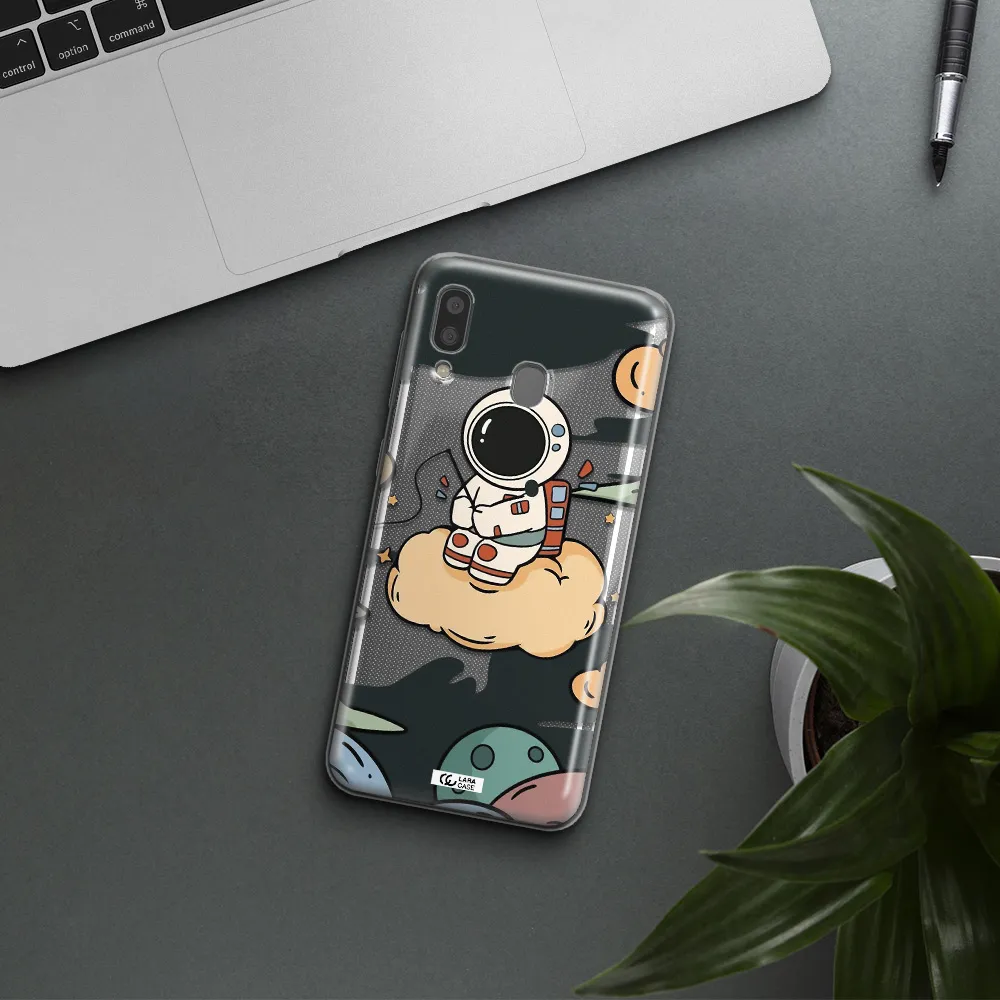 a cartoon astronaut sitting on a cloud Samsung A20 Clear TPU Case