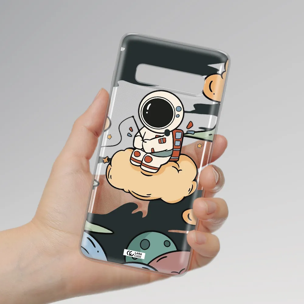 a cartoon astronaut sitting on a cloud Samsung S10 Clear TPU Case