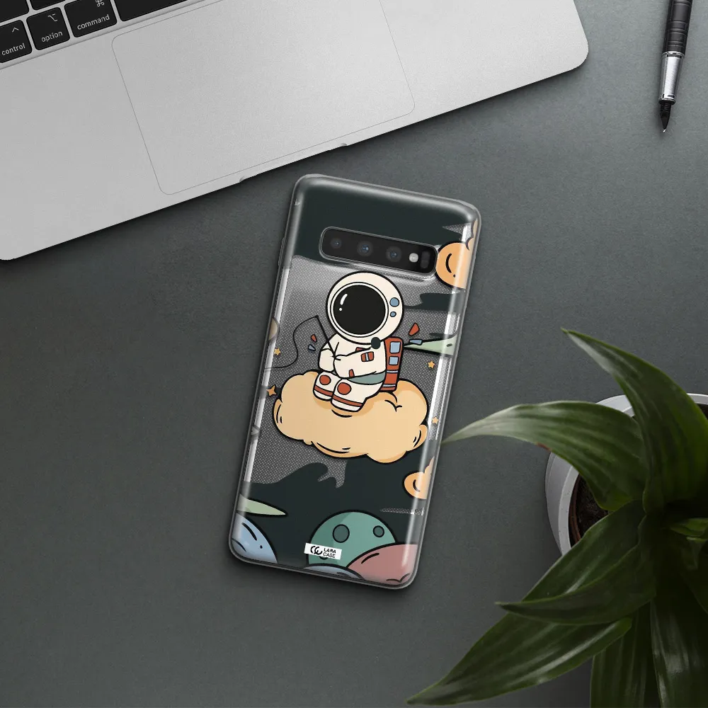 a cartoon astronaut sitting on a cloud Samsung S10 Clear TPU Case