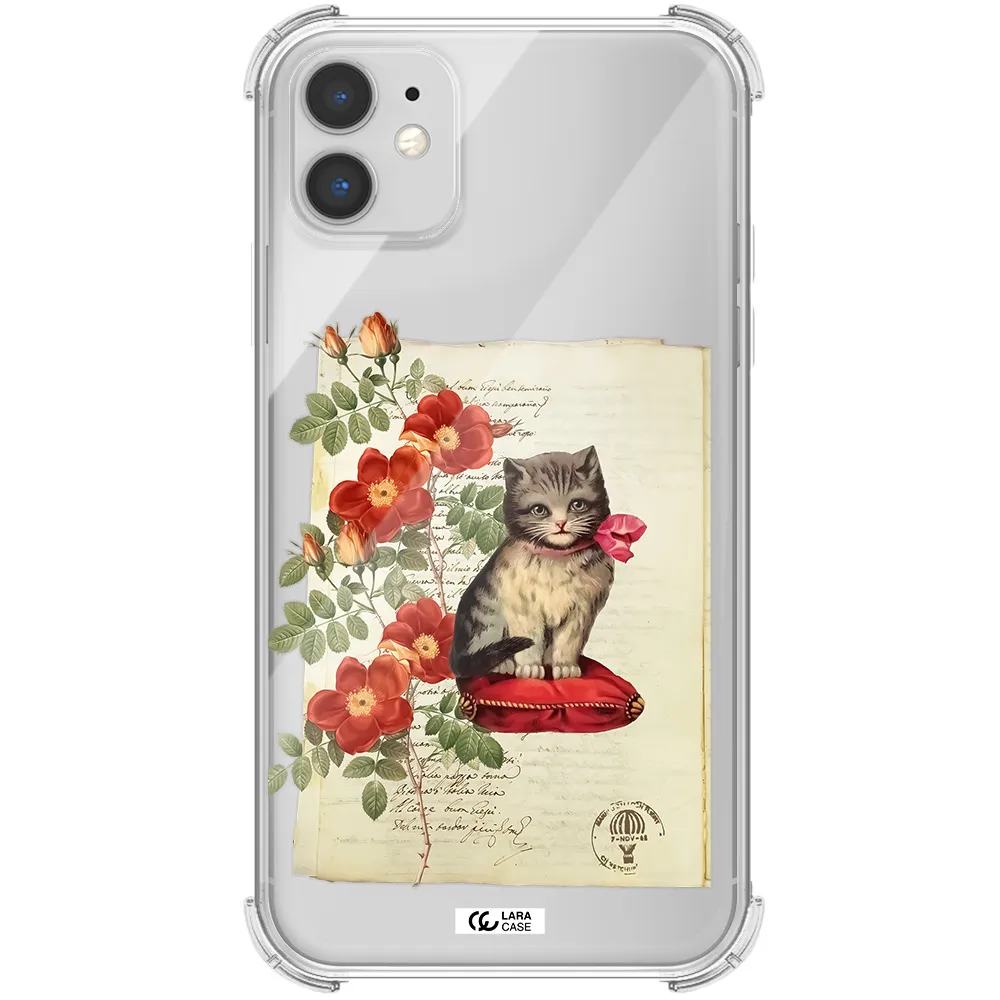 a cat on a pillow with flowers Apple iPhone 11 Clear PC Case