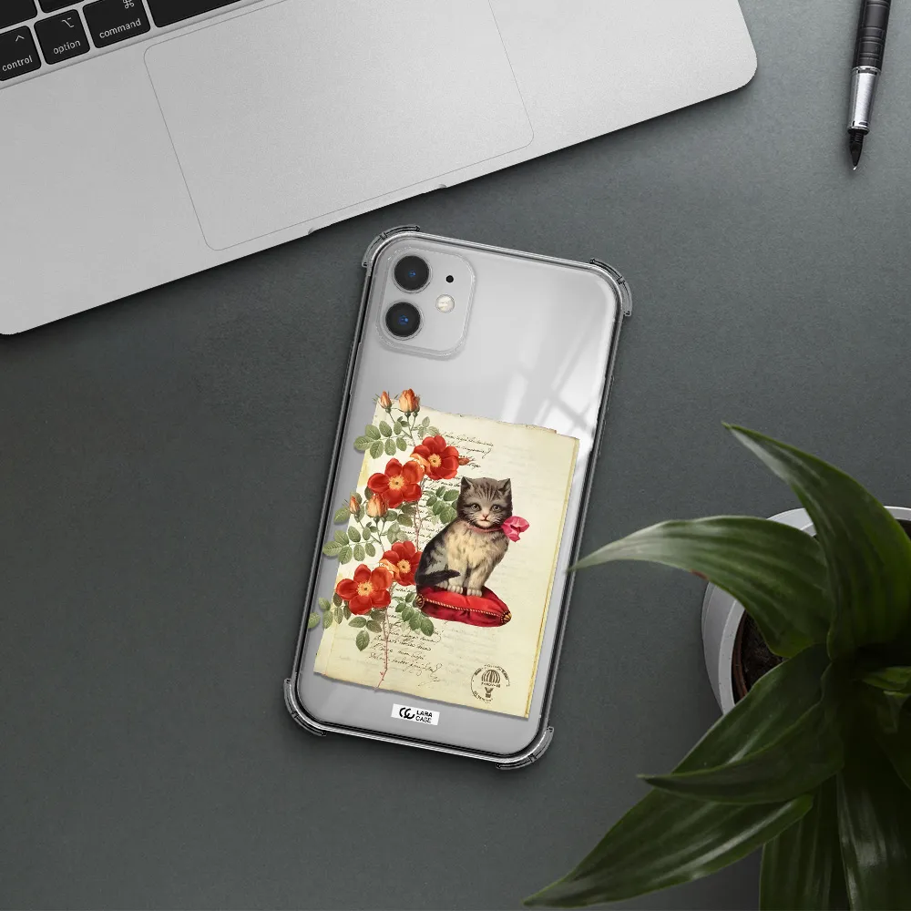 a cat on a pillow with flowers Apple iPhone 11 Clear PC Case