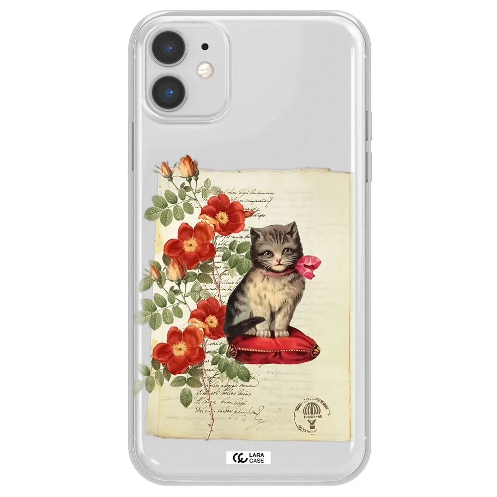 a cat on a pillow with flowers Apple iPhone 11 Clear TPU Case