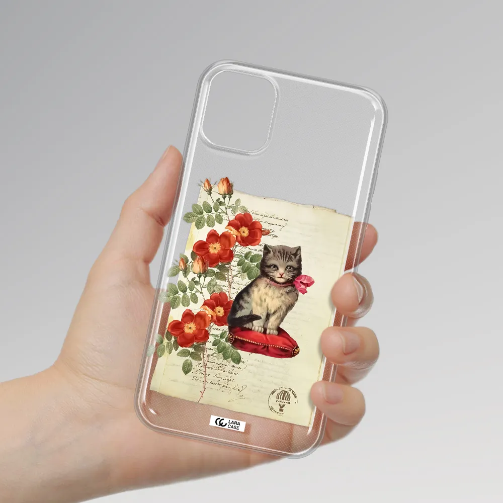 a cat on a pillow with flowers Apple iPhone 11 Clear TPU Case