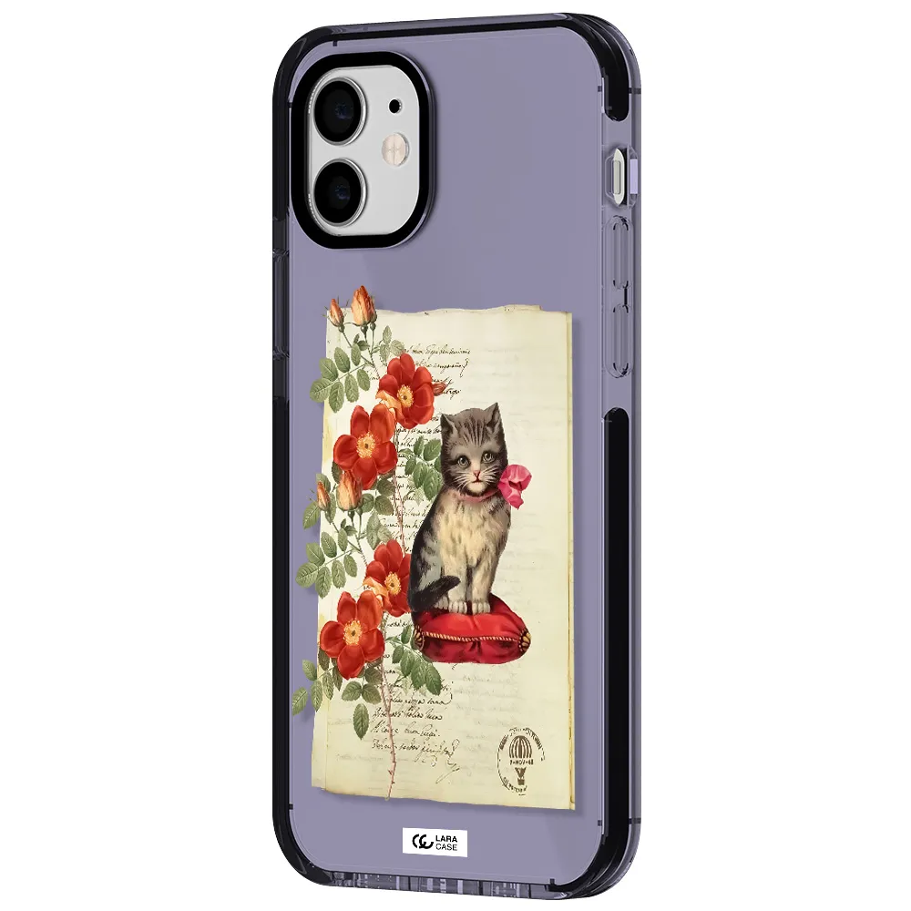 a cat on a pillow with flowers Apple iPhone 11 impact Lilac Case