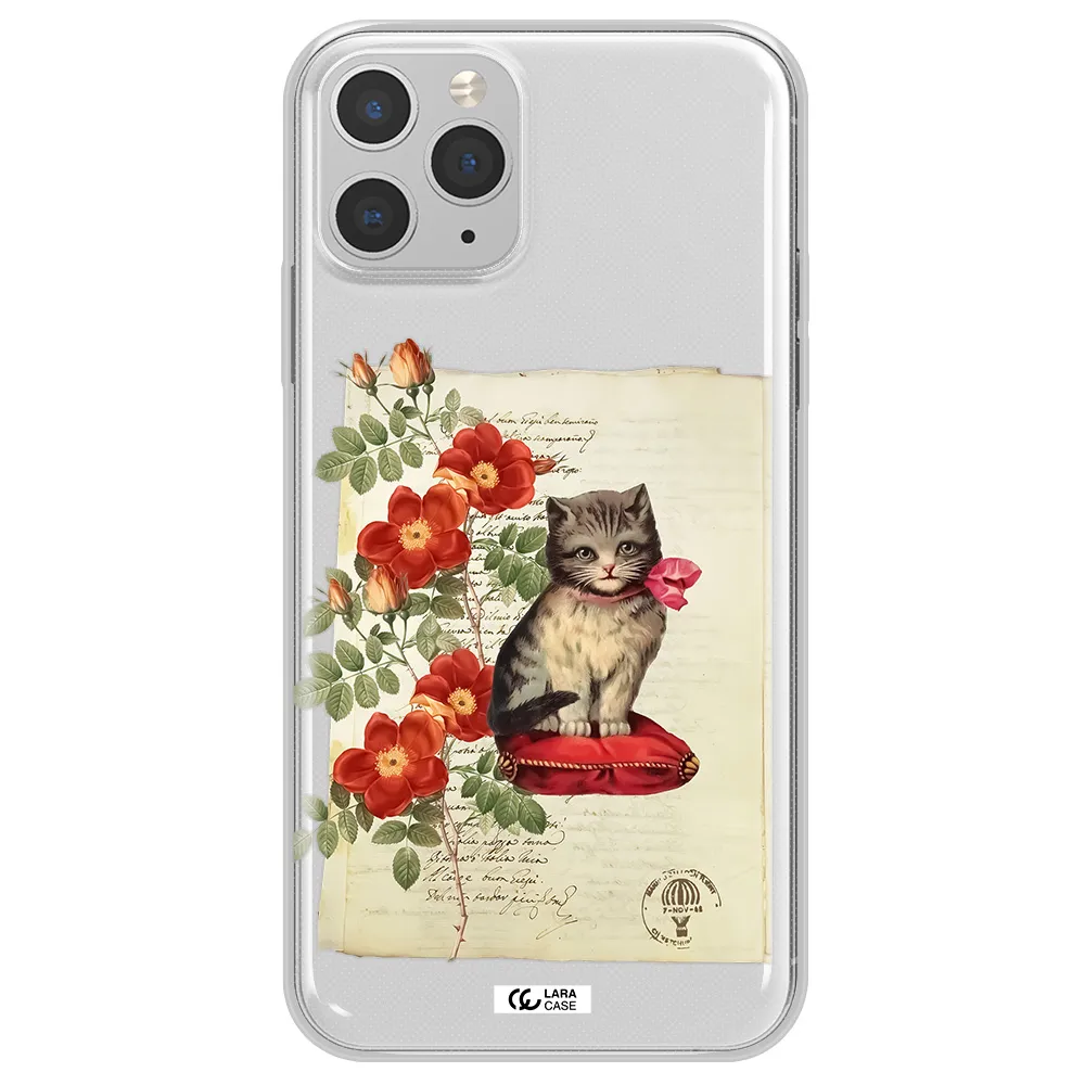a cat on a pillow with flowers Apple iPhone 11 pro Clear TPU Case