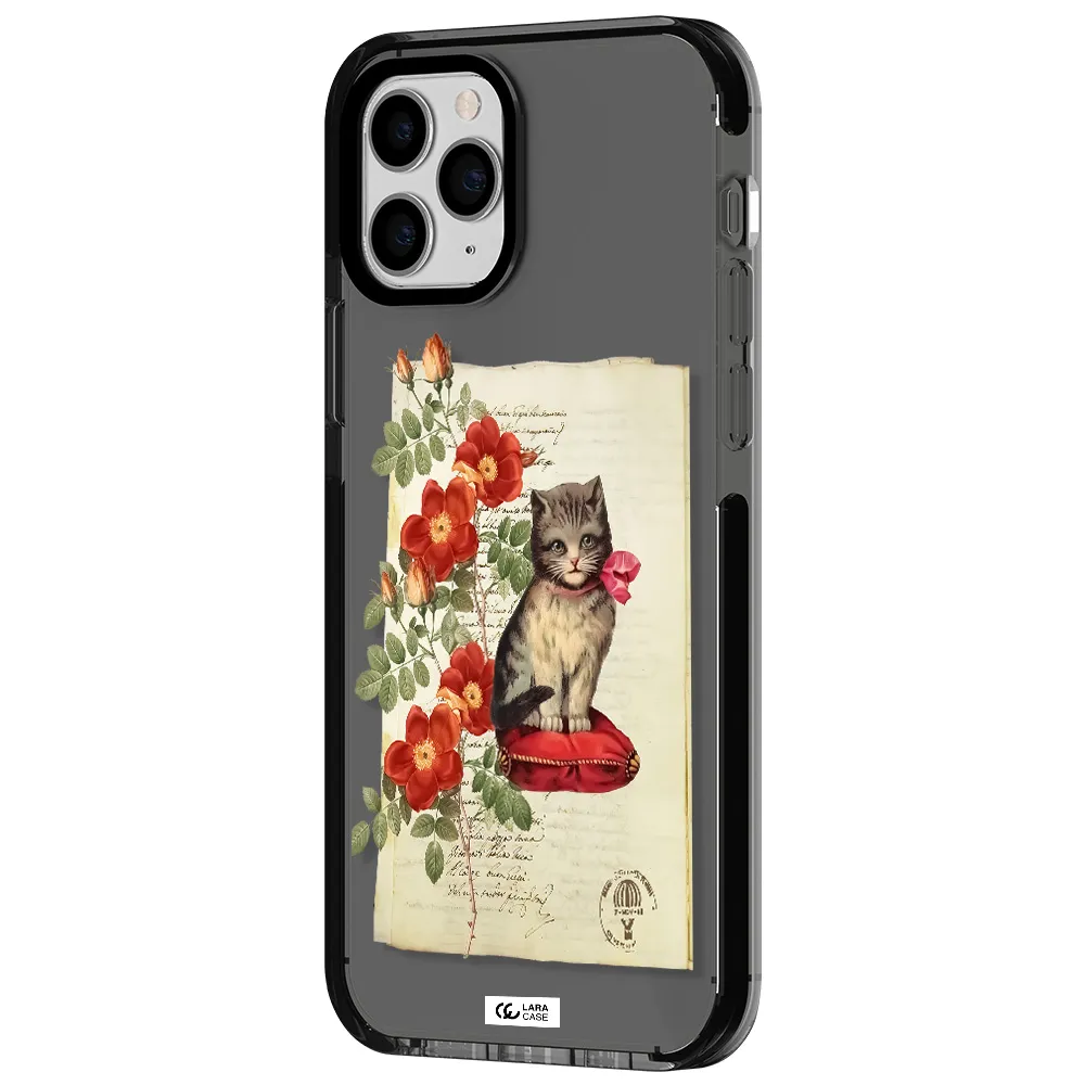 a cat on a pillow with flowers Apple iPhone 11 pro impact Smoke Black Case