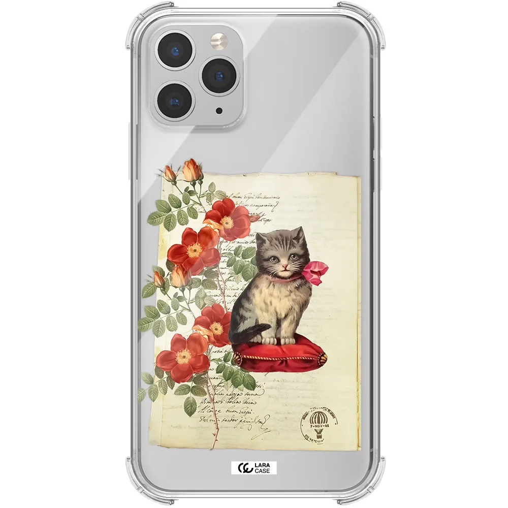 a cat on a pillow with flowers Apple iPhone 11 pro max Clear PC Case