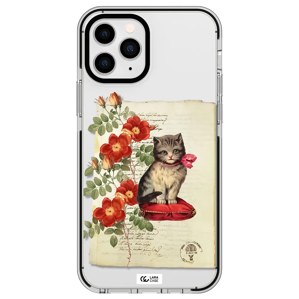 a cat on a pillow with flowers Apple iPhone 11 pro max impact black border Case