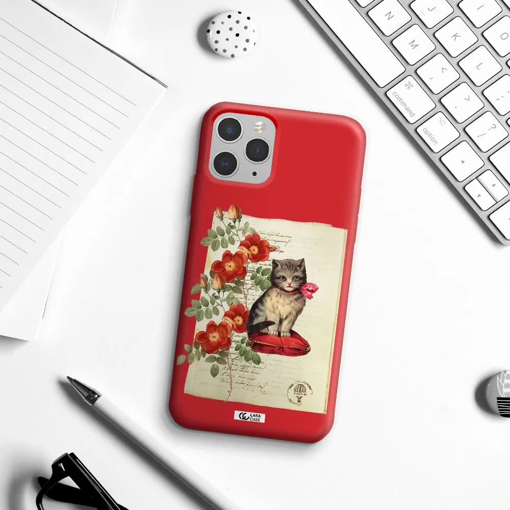a cat on a pillow with flowers Apple iPhone 11 pro max Silicone Imperial Red Case