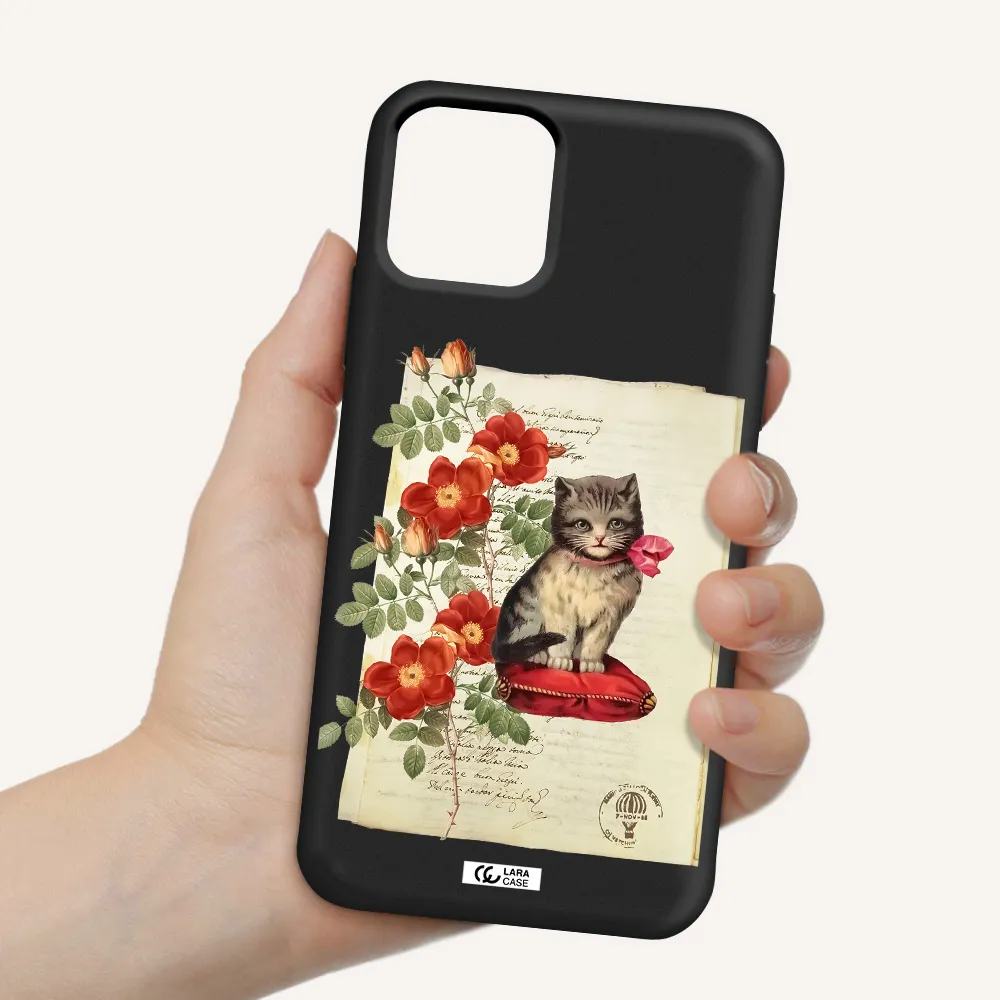 a cat on a pillow with flowers Apple iPhone 11 pro Silicone black Case