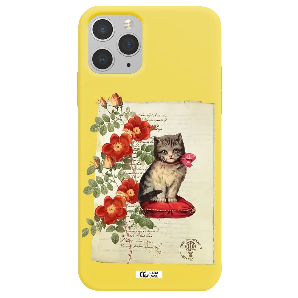 a cat on a pillow with flowers Apple iPhone 11 pro Silicone canary yellow Case