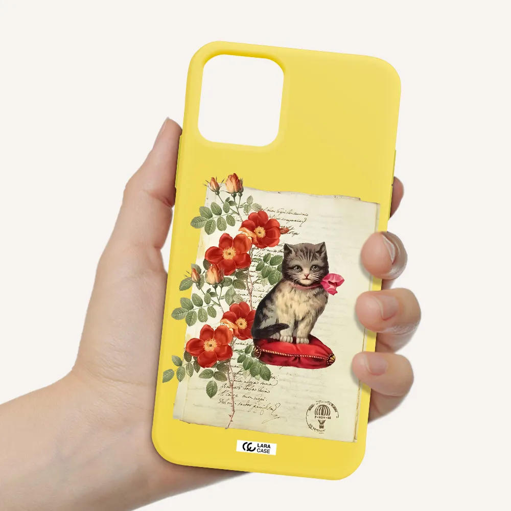 a cat on a pillow with flowers Apple iPhone 11 pro Silicone canary yellow Case