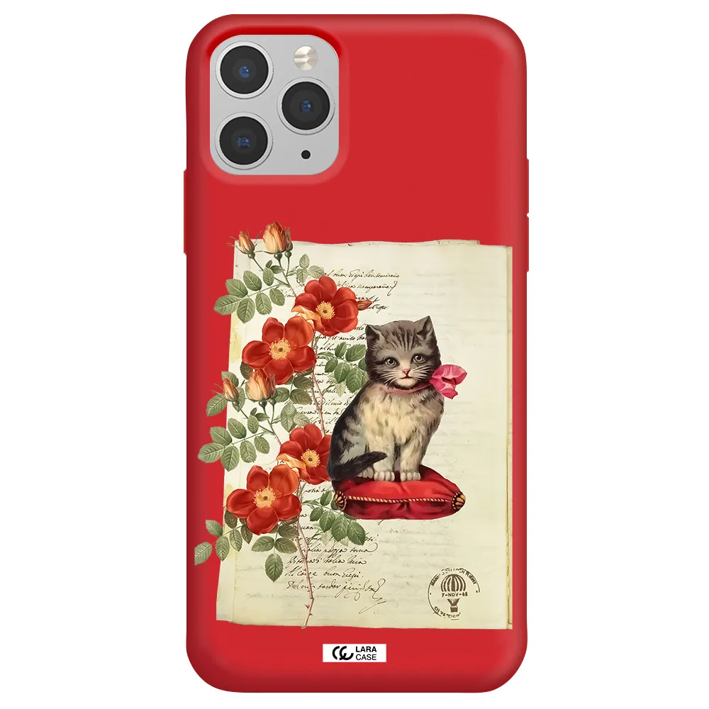 a cat on a pillow with flowers Apple iPhone 11 pro Silicone Imperial Red Case