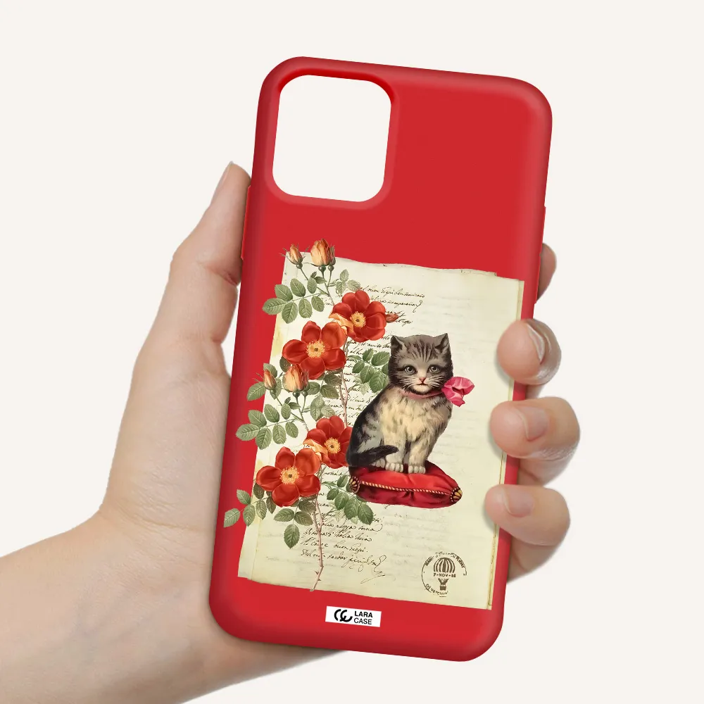 a cat on a pillow with flowers Apple iPhone 11 pro Silicone Imperial Red Case