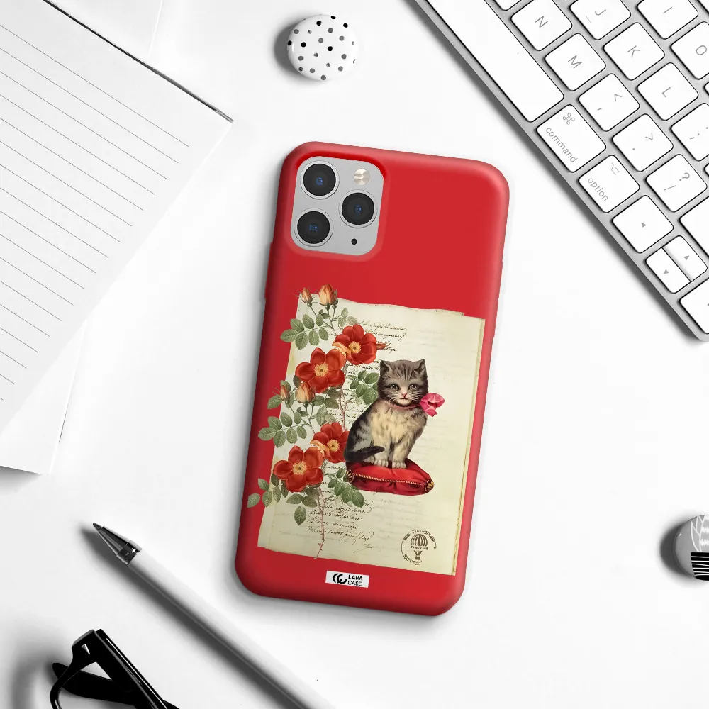 a cat on a pillow with flowers Apple iPhone 11 pro Silicone Imperial Red Case