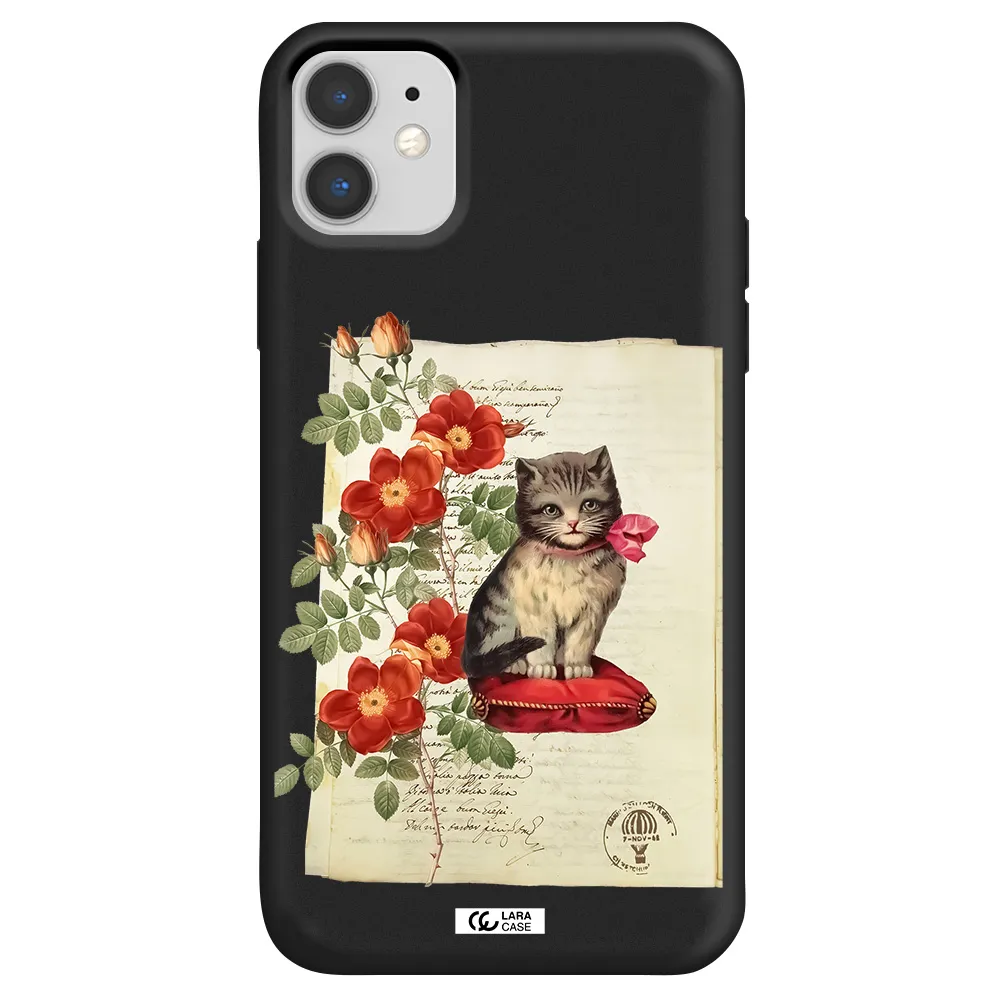 a cat on a pillow with flowers Apple iPhone 11 Silicone black Case