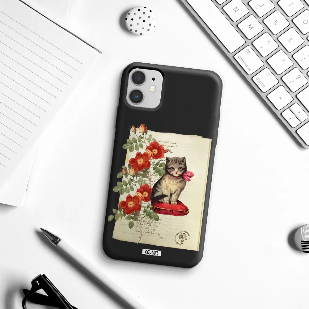 a cat on a pillow with flowers Apple iPhone 11 Silicone black Case