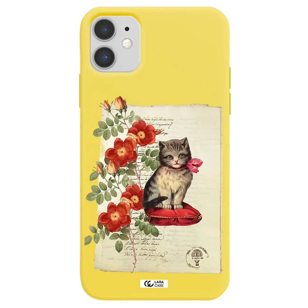 a cat on a pillow with flowers Apple iPhone 11 Silicone canary yellow Case