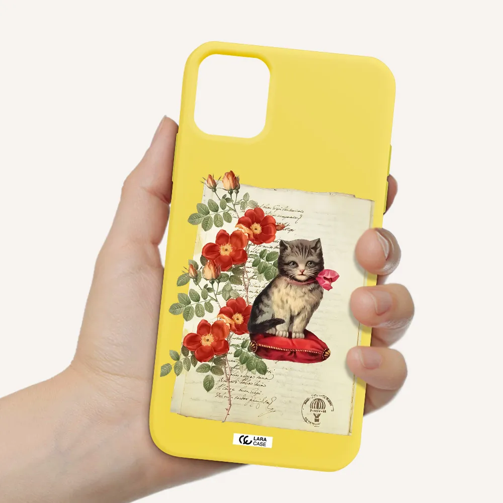a cat on a pillow with flowers Apple iPhone 11 Silicone canary yellow Case