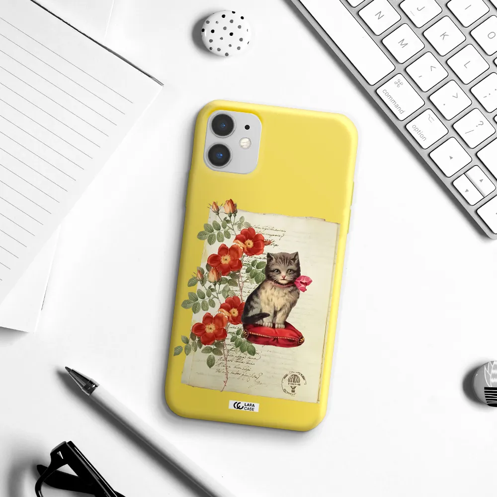 a cat on a pillow with flowers Apple iPhone 11 Silicone canary yellow Case