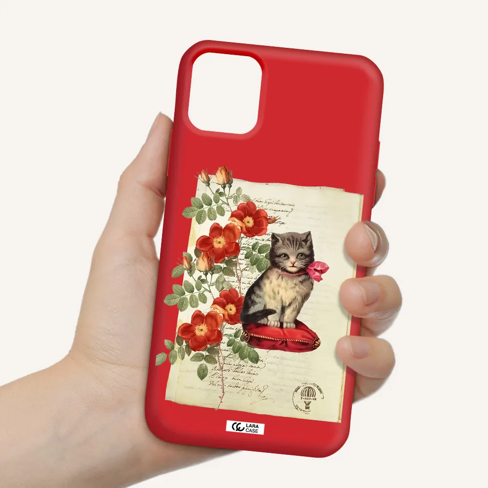 a cat on a pillow with flowers Apple iPhone 11 Silicone Imperial Red Case