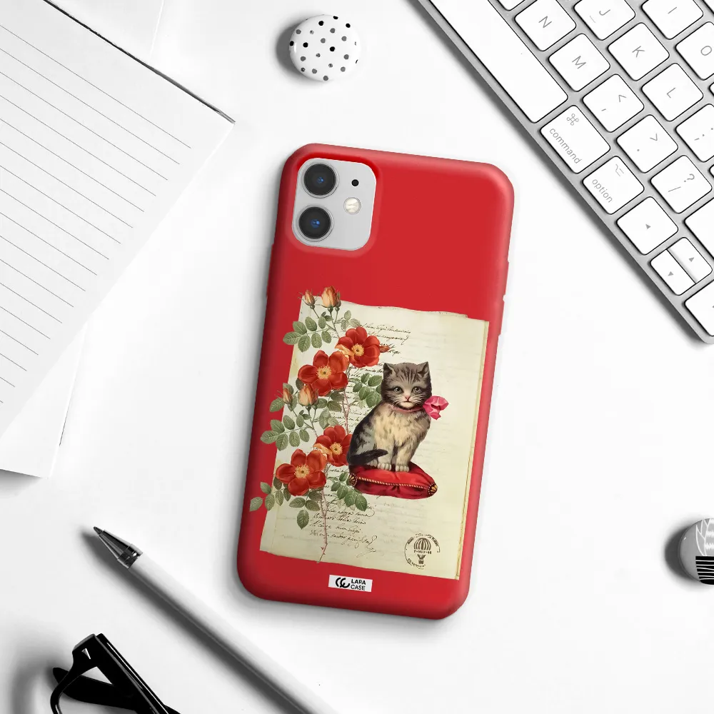 a cat on a pillow with flowers Apple iPhone 11 Silicone Imperial Red Case