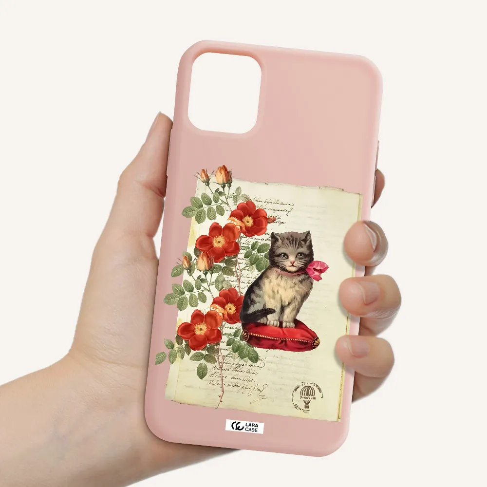 a cat on a pillow with flowers Apple iPhone 11 Silicone pastel pink Case