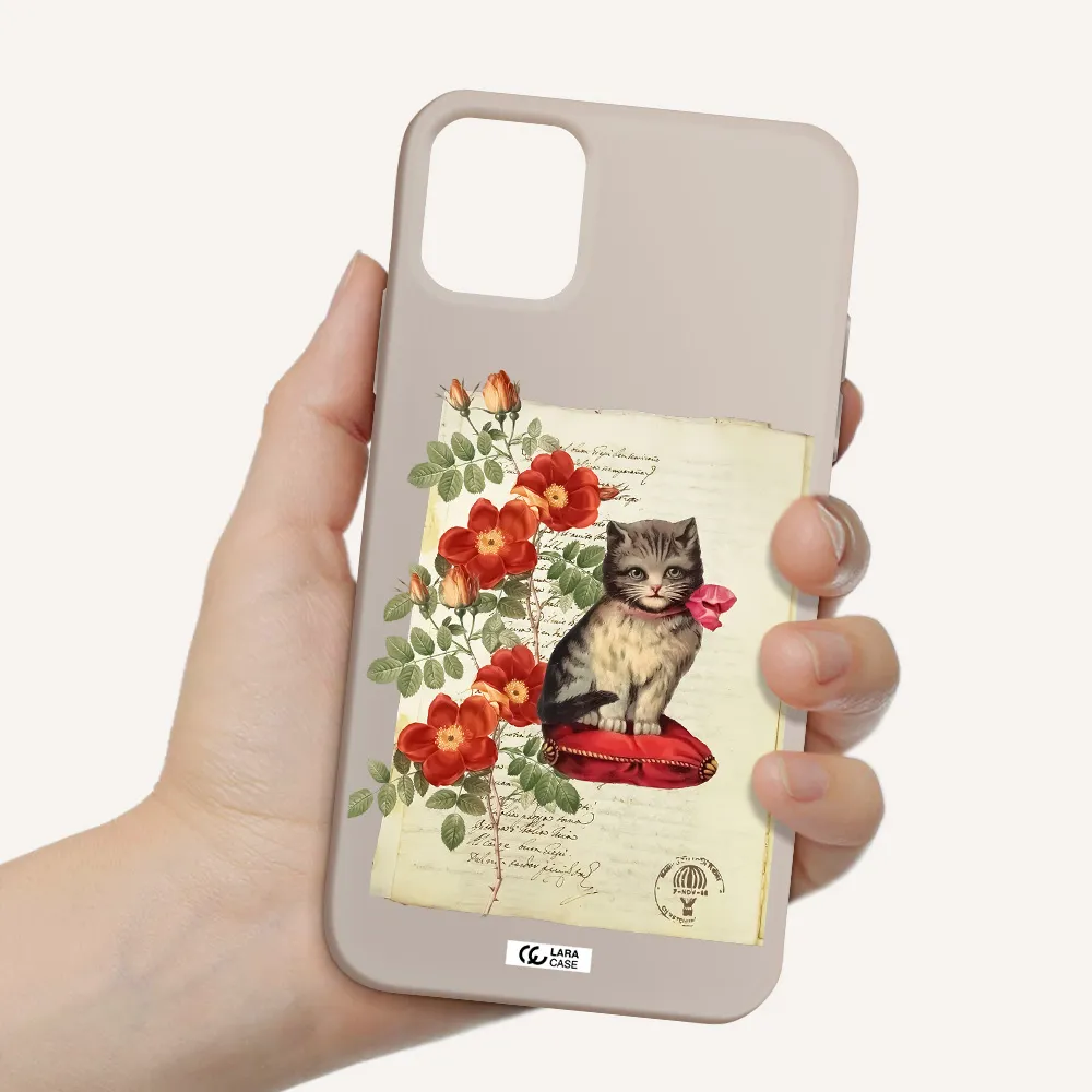 a cat on a pillow with flowers Apple iPhone 11 Silicone Stone Case