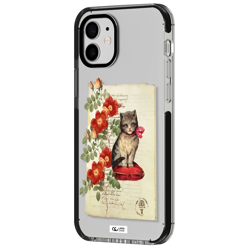 a cat on a pillow with flowers Apple iPhone 12 impact black border Case