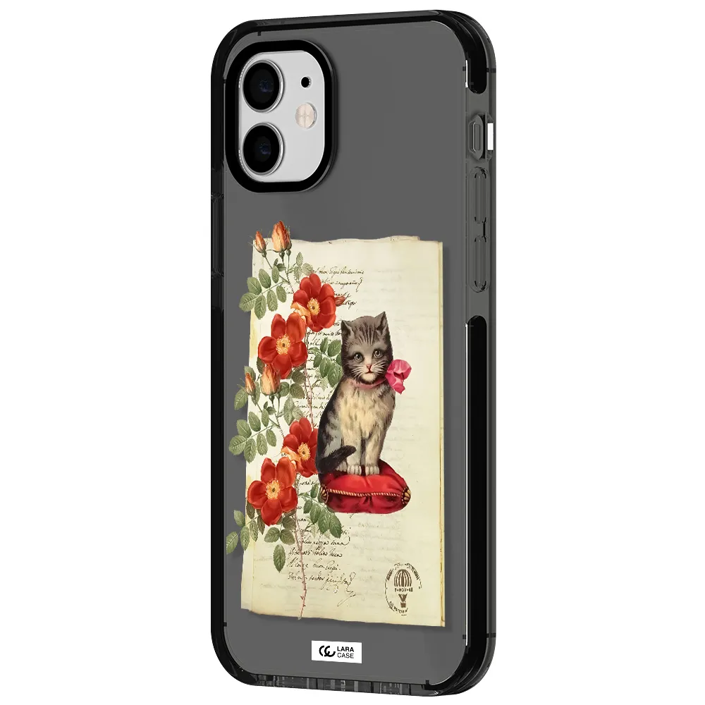 a cat on a pillow with flowers Apple iPhone 12 impact Smoke Black Case