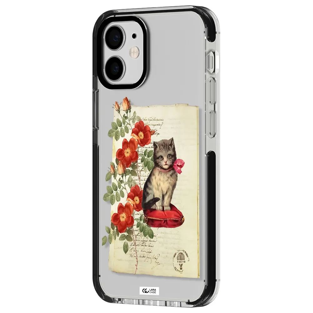 a cat on a pillow with flowers Apple iPhone 12 mini impact black border Case