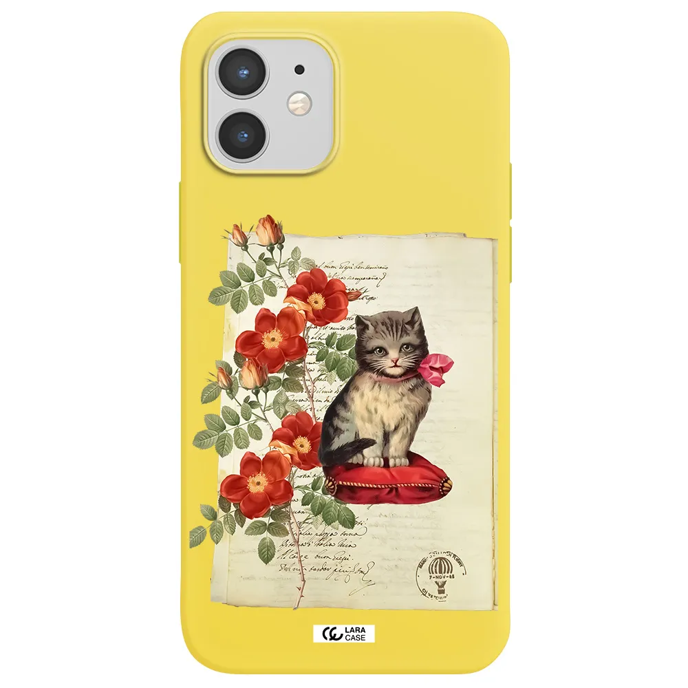 a cat on a pillow with flowers Apple iPhone 12 mini Silicone canary yellow Case