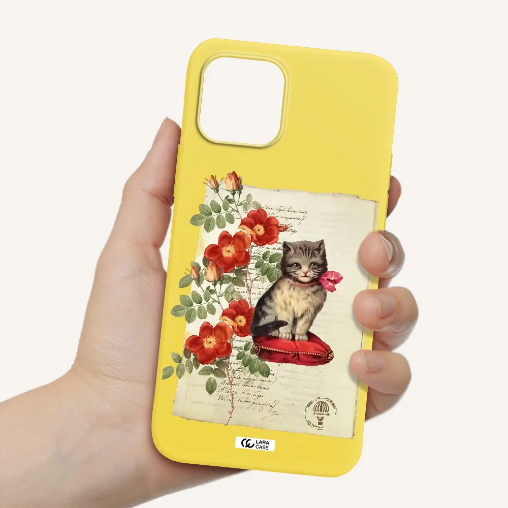 a cat on a pillow with flowers Apple iPhone 12 mini Silicone canary yellow Case