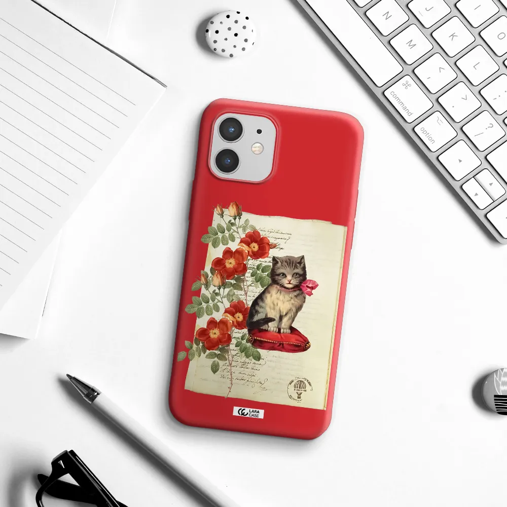 a cat on a pillow with flowers Apple iPhone 12 mini Silicone Imperial Red Case