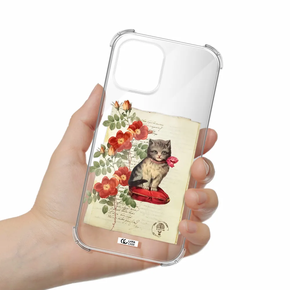a cat on a pillow with flowers Apple iPhone 12 pro Clear PC Case