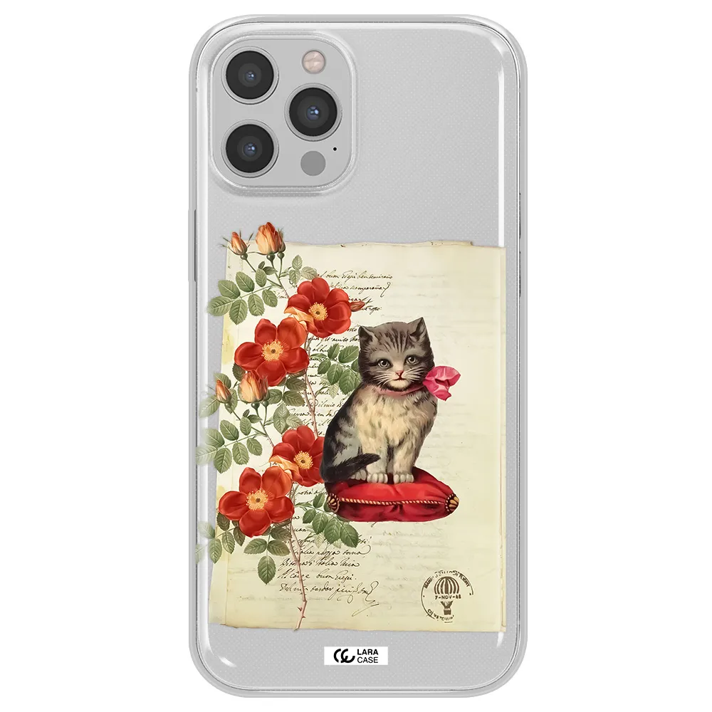 a cat on a pillow with flowers Apple iPhone 12 pro Clear TPU Case