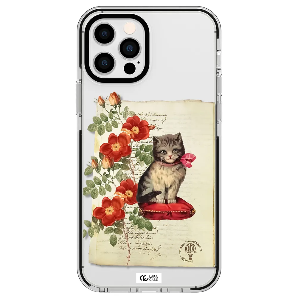 a cat on a pillow with flowers Apple iPhone 12 pro impact black border Case