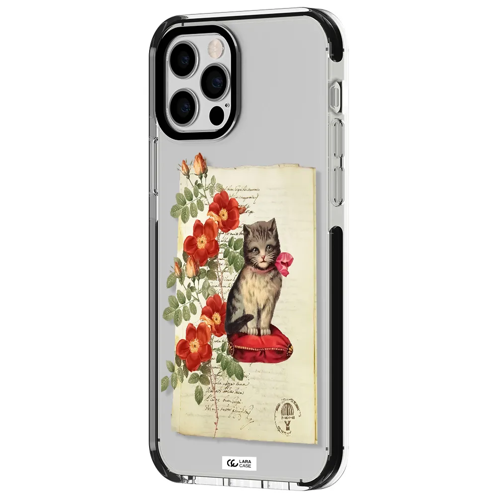 a cat on a pillow with flowers Apple iPhone 12 pro impact black border Case