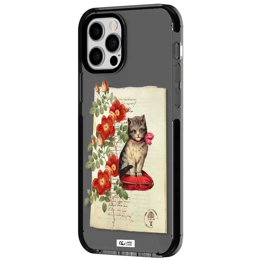 a cat on a pillow with flowers Apple iPhone 12 pro impact Smoke Black Case