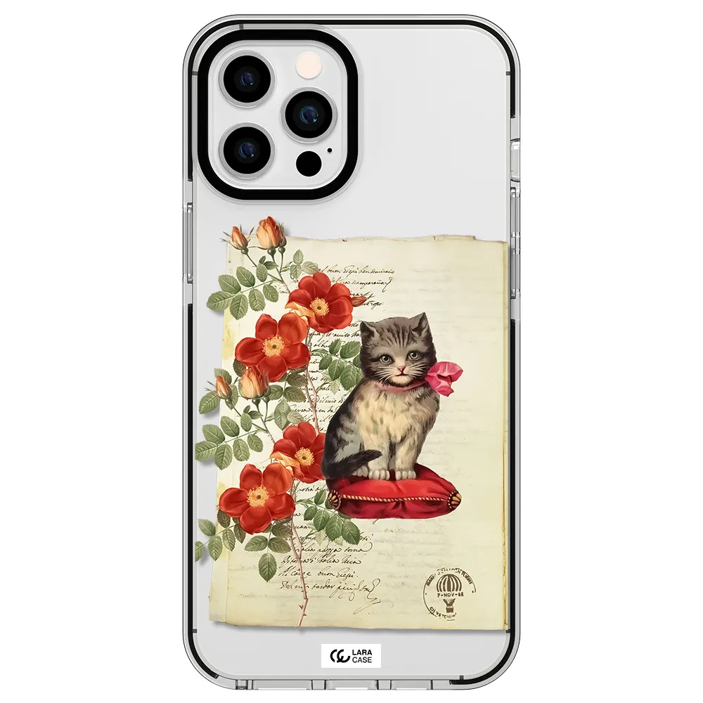 a cat on a pillow with flowers Apple iPhone 12 pro max impact black border Case