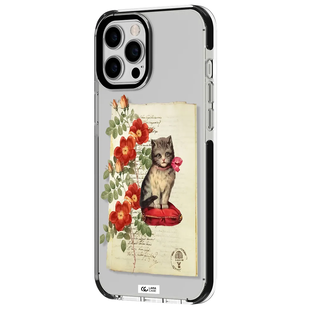 a cat on a pillow with flowers Apple iPhone 12 pro max impact black border Case