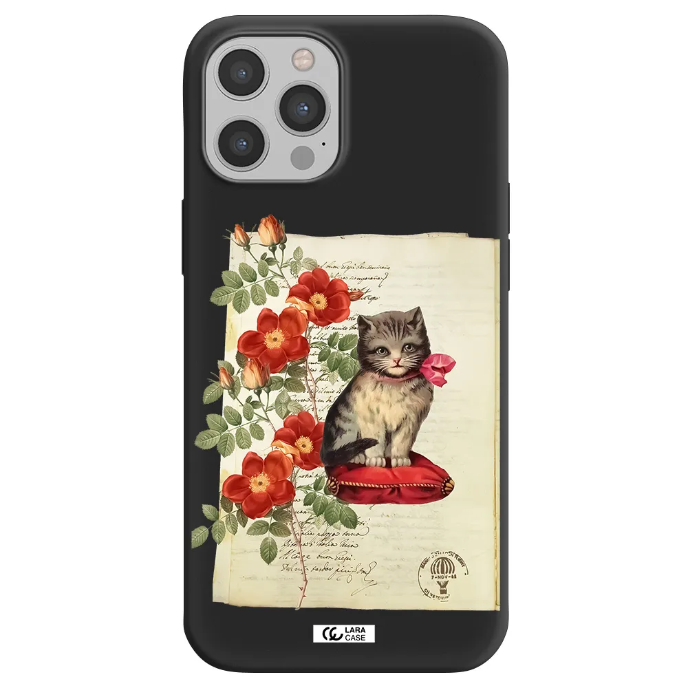 a cat on a pillow with flowers Apple iPhone 12 pro max Silicone black Case